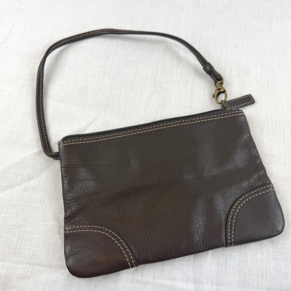Levenger Dark Brown Pebbled Leather Wristlet Clutch Bag with Contrast Stitching
